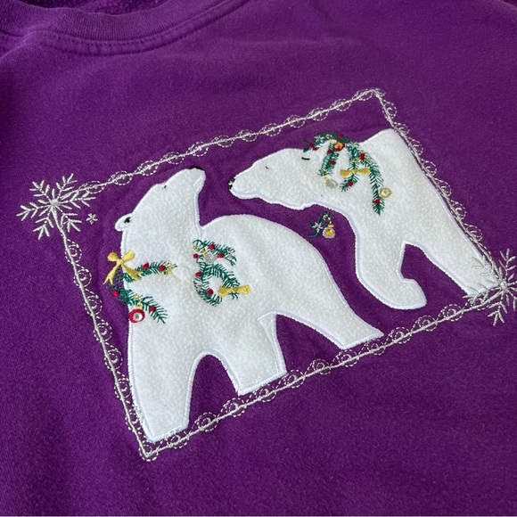 POLAR BEARS EMBROIDERY CHRISTMAS VINTAGE SWEATER NATURE PULLOVER MOUNTAIN WINTER - Picture 4 of 7